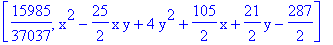 [15985/37037, x^2-25/2*x*y+4*y^2+105/2*x+21/2*y-287/2]